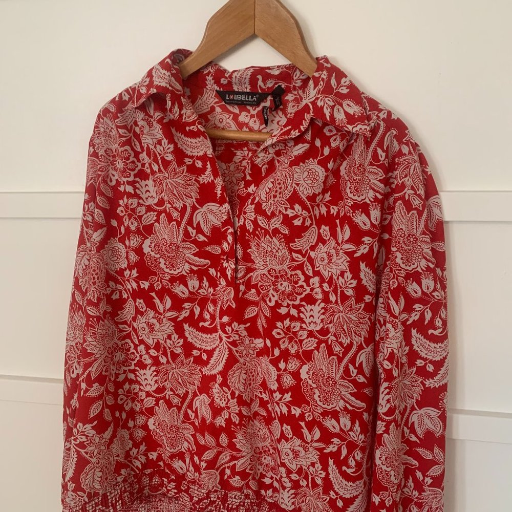 *RARE* Vintage Loubella Beautiful Red & White Billowy Rouched Waist Blouse